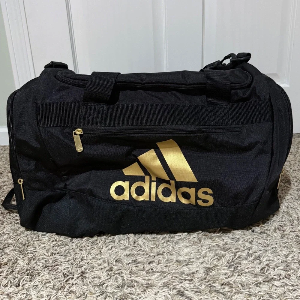 Adidas Defender Duffel Bag Black Gold Small Medium Gym Travel Sport Bag